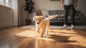 Leash training a puppy indoors with a trainer
