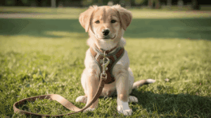Leash training a puppy in a park with harness