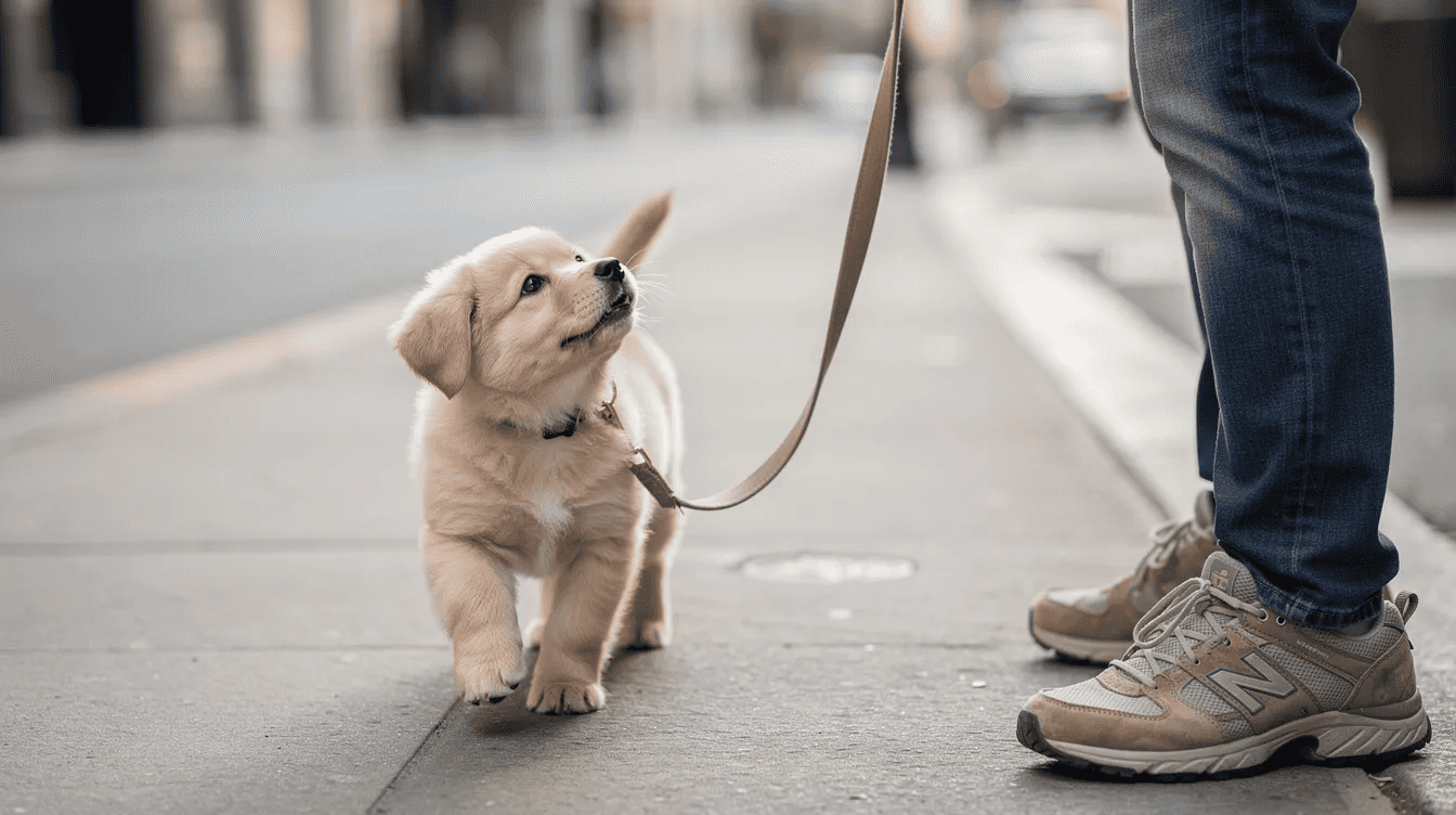 Leash training a puppy on city sidewalk