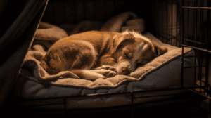 Puppy crying in crate at night on soft blanket