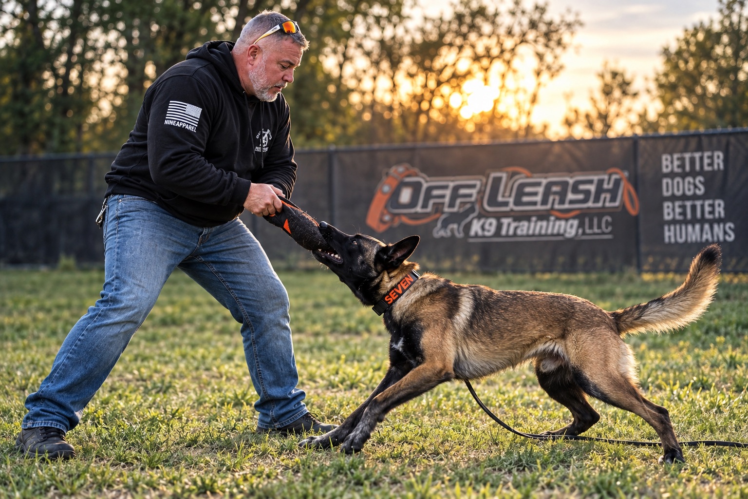 Professional dog trainer playing structured tug with a Belgian Malinois during a training session