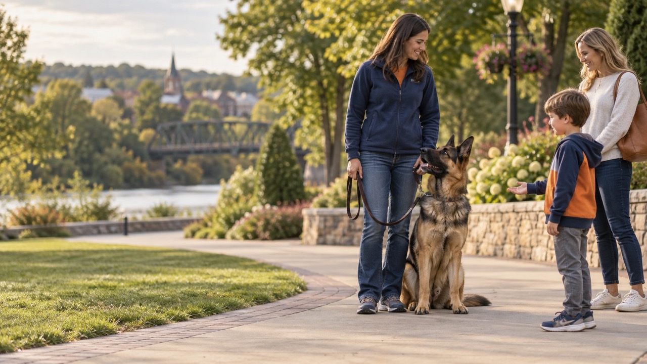 Child calmly asking permission before approaching a German Shepherd sitting beside its handler in a public park.