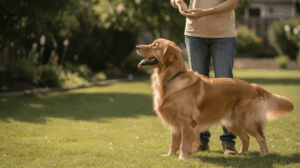 Dog training hand signals with a golden retriever outdoors