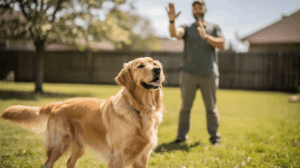 Dog training hand signals for stay command in backyard