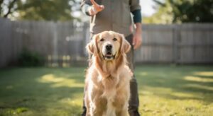 Dog training hand signals for stay with a golden retriever