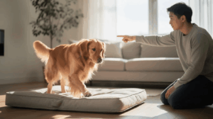 How to teach place command by guiding a dog onto its bed