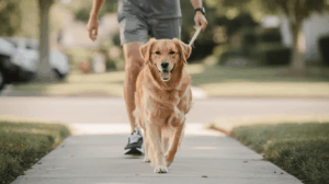 Loose leash walking for adult dogs on a neighborhood sidewalk
