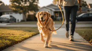 Loose leash walking for adult dogs on a sunny sidewalk