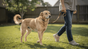 Loose leash walking for adult dogs beside owner on grass